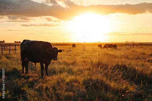 Beautiful sunset in Argentine field with grazing cows.