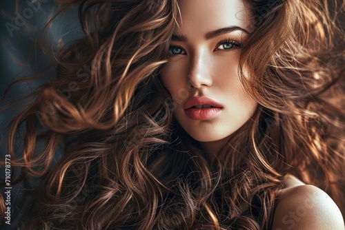 Beautiful brunette with long, shiny, curly hair.