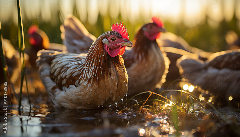 Naklejka premium Chickens roam freely in the green meadow generated by AI