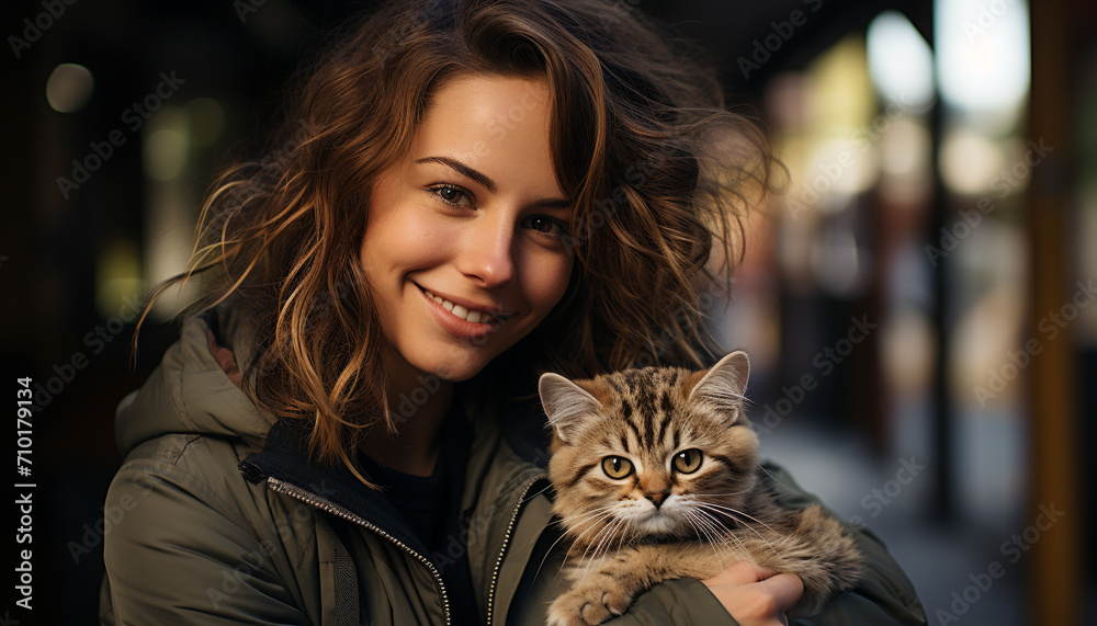 Young woman smiling, embracing a cute domestic cat generated by AI