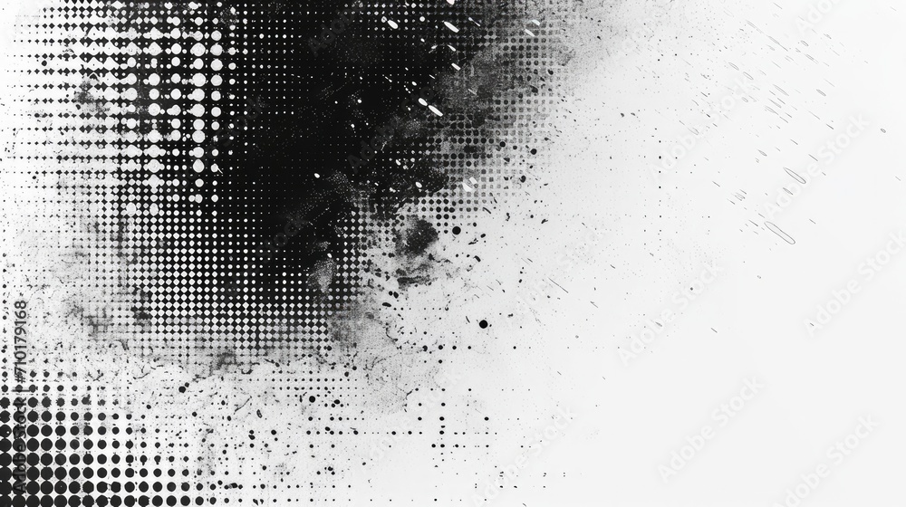 Halftone faded gradient texture. Grunge halftone grit background. White and black sand noise wallpaper. Retro pixilated vector backdrop - obrazy, fototapety, plakaty 