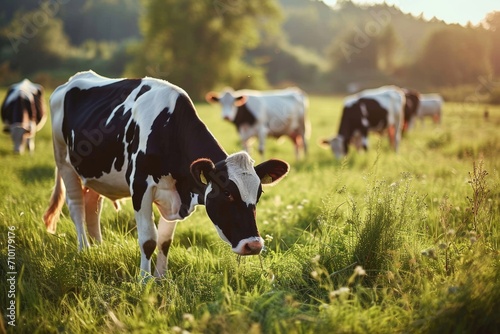 Cows grazing in summertime on a farm field.