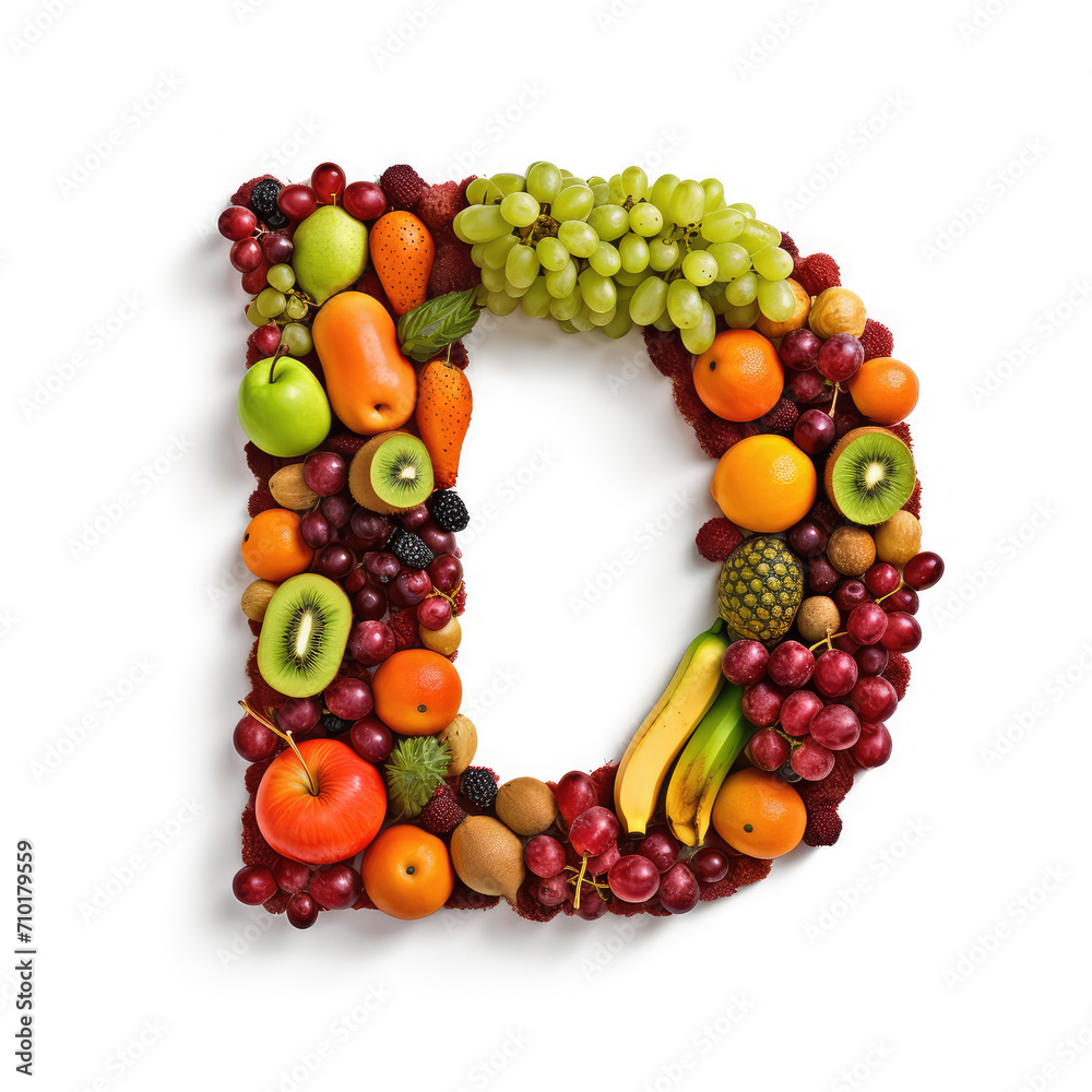 Alphabet of healthy food. Letter D made of many fruits. Green, red grape, kiwi, banana, citrus, berries, pineapple, apple on white background Alphabet of healthy food. Letter D made of many fruits. Green, red grape, kiwi, banana, citrus, berries, pineapple, apple on white background