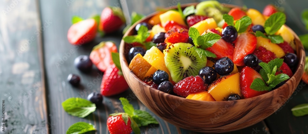 Tasty fruit salad on table