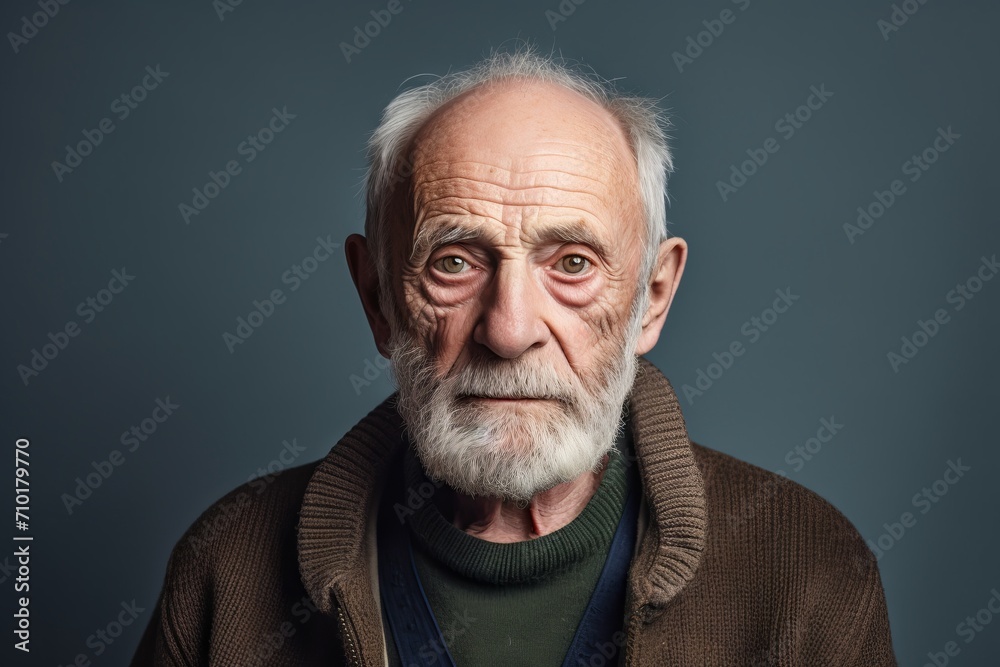 Portrait of an old man with a gray beard in a brown sweater.