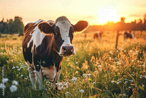 Happy cow enjoying sunset on summer meadow.