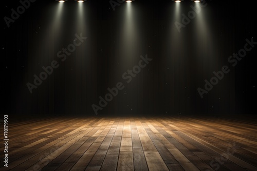 Concert spotlight illustration on dark background with wood floor.