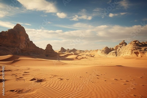 Scenic landscape with dunes and rock formations. Generative AI
