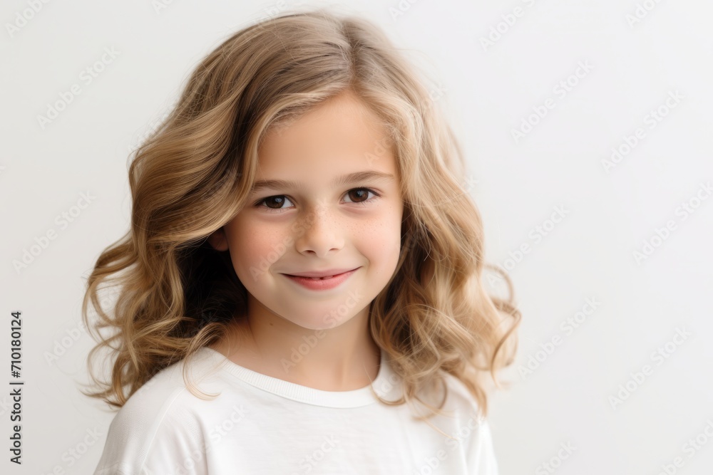 Portrait of a cute little girl with blond curly hair on a white background Portrait of a cute little girl with blond curly hair on a white background