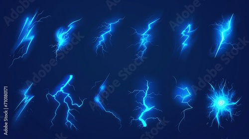 Cartoon lightning animation. Animated frames of electric strike, magic electricity hit and thunderbolt effect vector illustration set. Game asset collection of blue glowing storm bolts photo