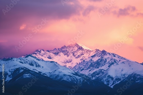 Majestic Snow-Capped Mountain Peaks at Sunset © Skyfe