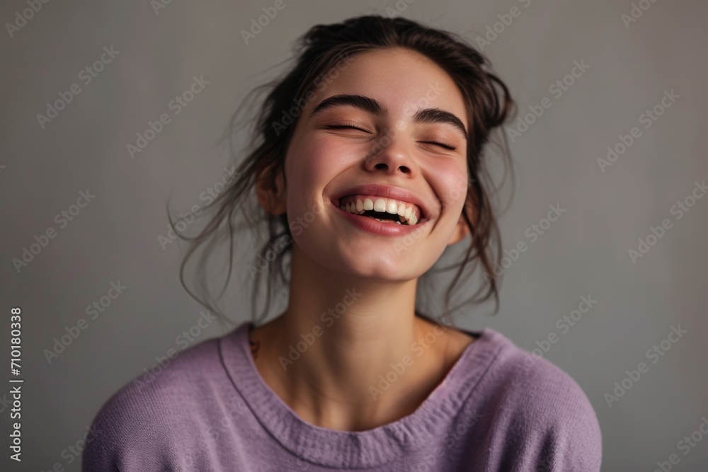 Happy woman in purple pullover smiling with closed eyes Happy woman in purple pullover smiling with closed eyes