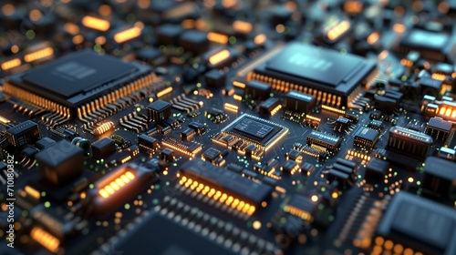 Detailed view of circuit board with multiple chips and glowing lights. Computer chip, semiconductor, data abstraction. Electronic board. Useful for for tech industry marketing and educational content