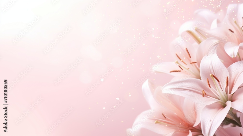 White lilies bouquet on light pink background. Banner with copy space. For poster, greeting card, event invitation, promotion, advertising, print, elegant design. Present for Womens day, Valentine. White lilies bouquet on light pink background. Banner with copy space. For poster, greeting card, event invitation, promotion, advertising, print, elegant design. Present for Womens day, Valentine.