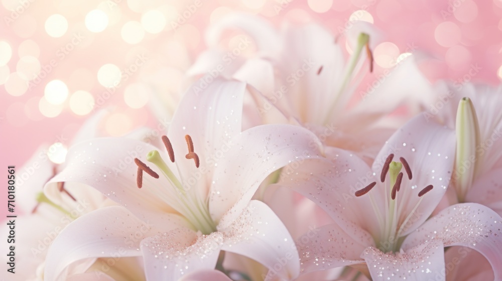 White lilies bouquet on light pink background. Banner with copy space. For poster, greeting card, event invitation, promotion, advertising, print, elegant design. Present for Womens day, Valentine.