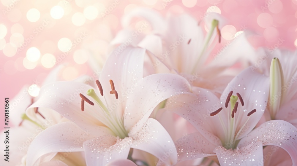 Fototapeta premium White lilies bouquet on light pink background. Banner with copy space. For poster, greeting card, event invitation, promotion, advertising, print, elegant design. Present for Womens day, Valentine.