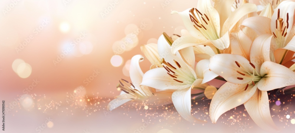 White lilies bouquet on light peach background with glitter and bokeh. Banner with copy space. Perfect for poster, greeting card, event invitation, promotion, advertising, print, elegant design