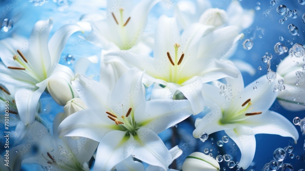 White lilies under light blue clear water with bubbles and droplets. Banner with copy space. Perfect for poster, greeting card, event invitation, promotion, advertising, print, elegant design White lilies under light blue clear water with bubbles and droplets. Banner with copy space. Perfect for poster, greeting card, event invitation, promotion, advertising, print, elegant design