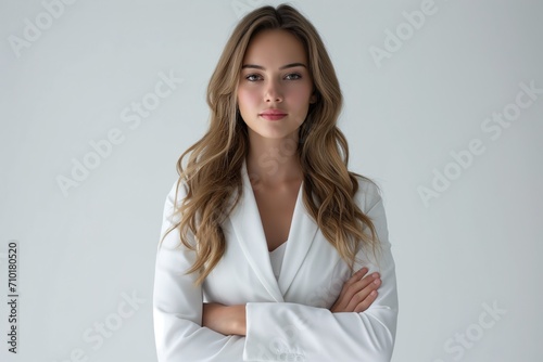 Very pretty young woman, posing from the front in elegant white shirt, business success.