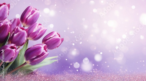 Purple tulips bouquet on light purple background with bokeh. Banner with copy space. Perfect for poster, greeting card, event invitation, promotion, advertising, print, elegant design © Jafree
