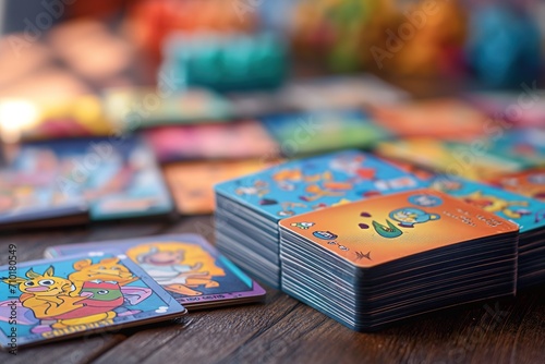 Children's board game, with a colorful board with tests, colored dice and cards. photo