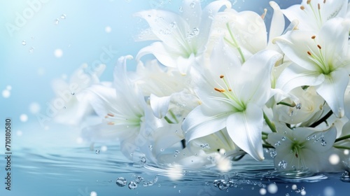White lilies under light blue clear water with bubbles and droplets. Banner with copy space. Perfect for poster, greeting card, event invitation, promotion, advertising, print, elegant design photo