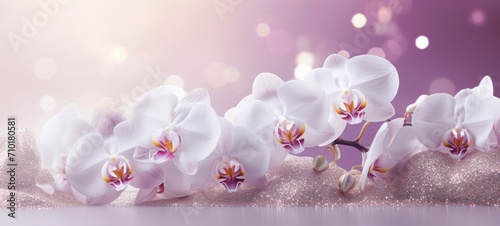 Orchids bouquet on light purple background with glitter and bokeh. Banner with copy space. Perfect for poster, greeting card, event invitation, promotion, advertising, print, elegant design