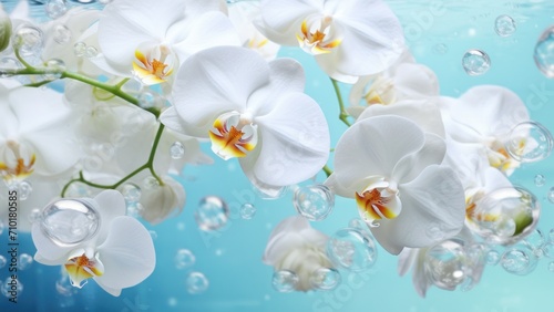 White orchids bouquet under light blue clear water with bubbles and droplets. Banner with copy space. Perfect for poster, greeting card, event invitation, promotion, advertising, print, elegant desig