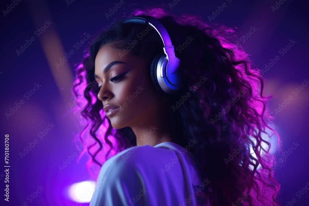 Fashionable African American teen model dances to music in neon lights Fashionable African American teen model dances to music in neon lights