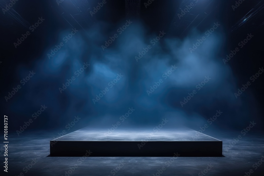 Dark stage with blue background, neon lights, and smoke for product display.