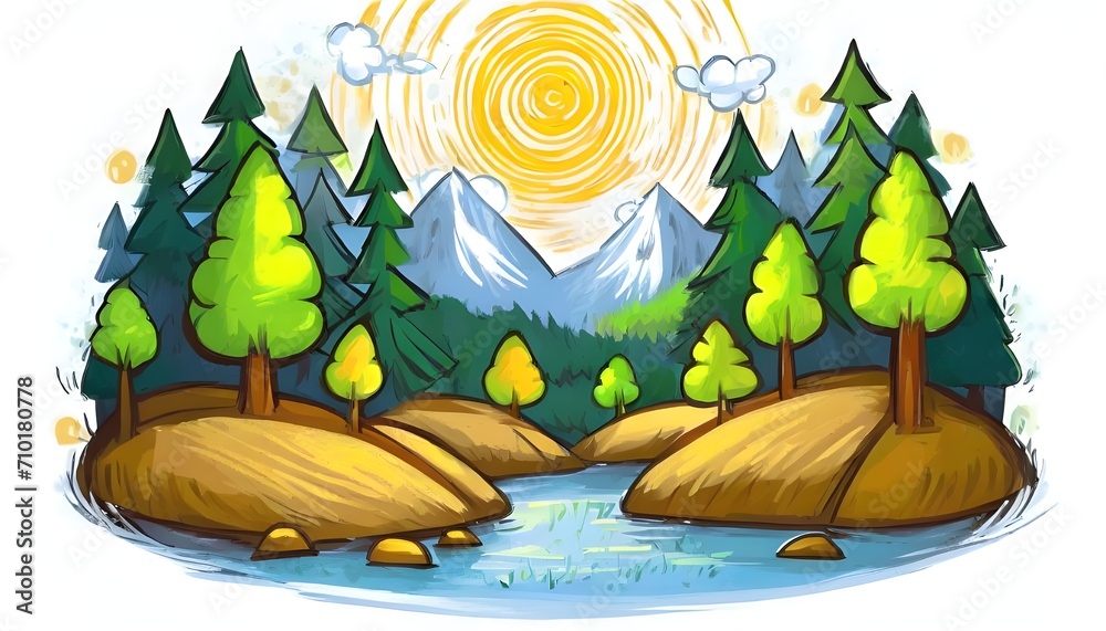 beautiful and happy cartoon landscape with trees and mountains beautiful and happy cartoon landscape with trees and mountains