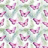 A seamless botanical pattern featuring lilac butterflies and tropical foliage. Ideal for wallpaper, textile, or stationery uses, emphasizing a fresh, springtime atmosphere.