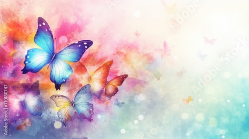 Colorful butterflies with detailed wings, against a vibrant watercolor background with bokeh effects. Ideal for themes of nature, beauty, and transformation. Banner with copy space