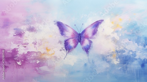 Oil painting illustration of butterfly on pastel delicate blue purple background with oil paint splashes and stains. With copy space. Symbolizing transformation and grace.