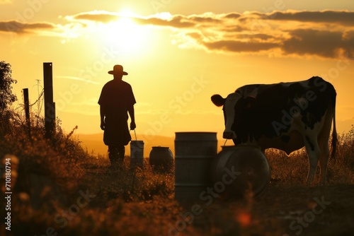 Farmer and cow with milk cans nearby.