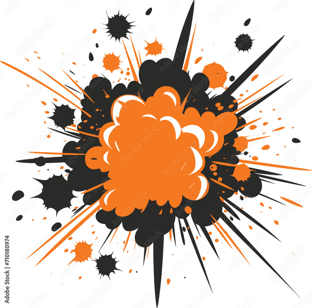 Orange and black comic book explosion bubble with splatter effects. Dynamic action boom blast concept. Excitement and energy vector illustration.