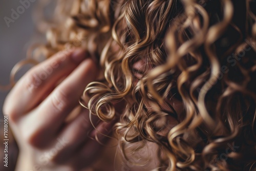 Woman using curly hair method for styling. photo