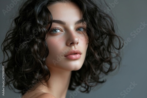 Curly-haired woman with pleasant smile and short wavy hairstyle