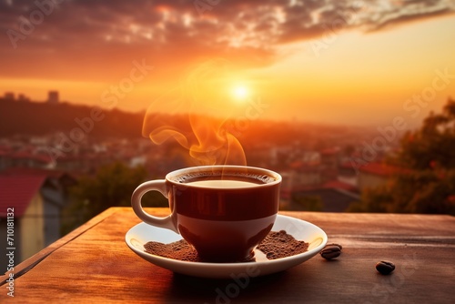 A fragrant cup of coffee in Prague in the early morning