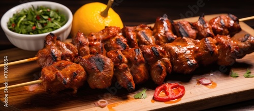 Spanish pork kebabs: Marinated pork grilled on skewers, with paprika aioli and lemon. photo
