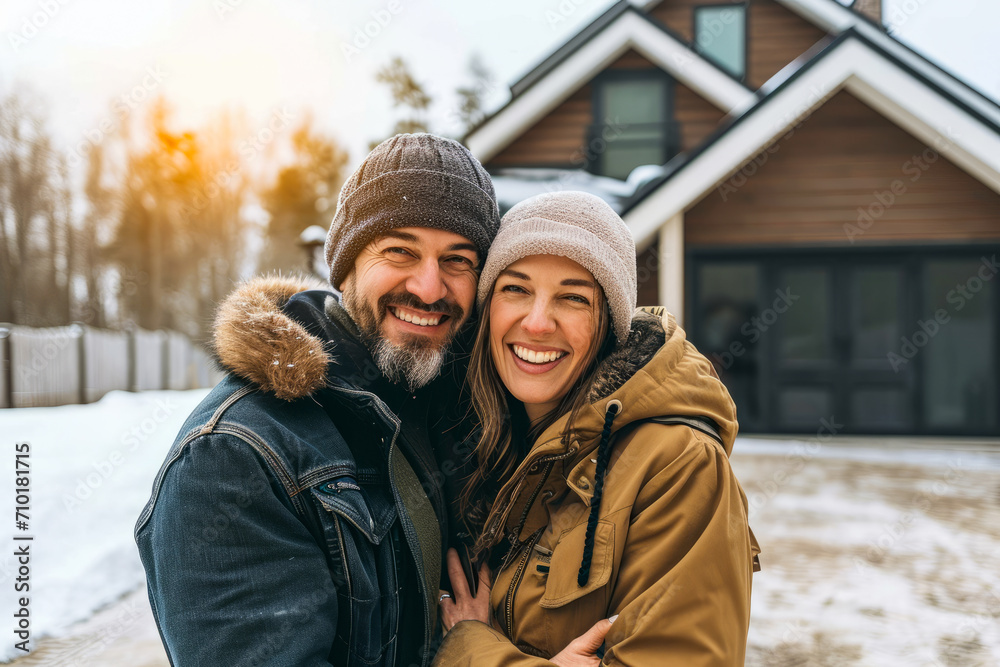 Happy Man and Woman Standing in Front of Newly Built House Happy Man and Woman Standing in Front of Newly Built House