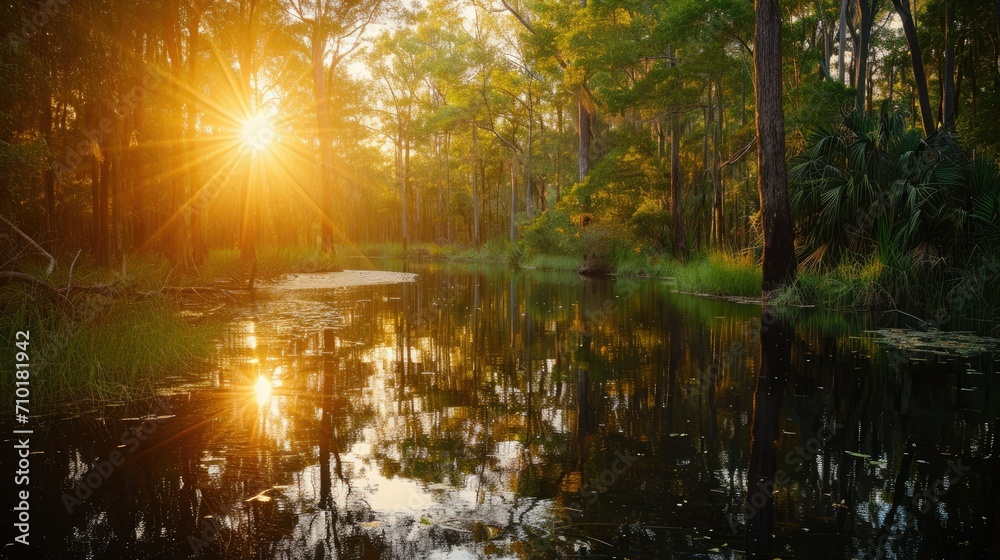 Sunset over a serene nature scene with lush greenery