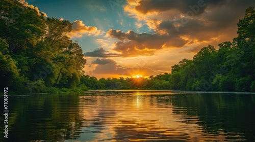 Sunset over a serene nature scene with lush greenery