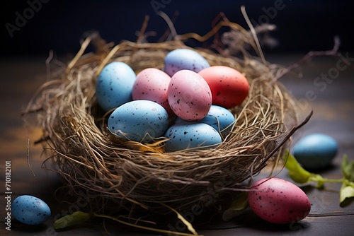Osternest: Farbenfrohe Eier und natürliche Textur