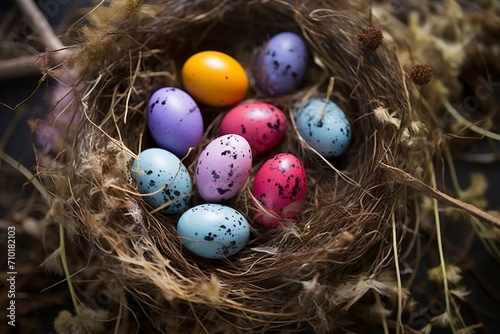 Osternest: Farbenfrohe Eier und natürliche Textur