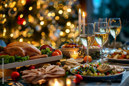 A festive table against a backdrop of blurred lights. Family dinner by candlelight. Champagne in glasses. Turkey and different meat and fruit dishes.