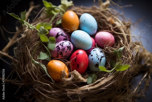 Osternest: Farbenfrohe Eier und natürliche Textur
