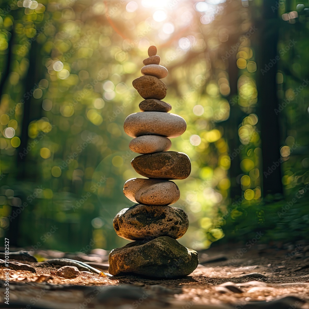Obraz premium Stacked balance of stones in the forest
