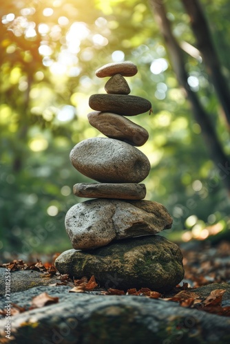 Stacked balance of stones in the forest