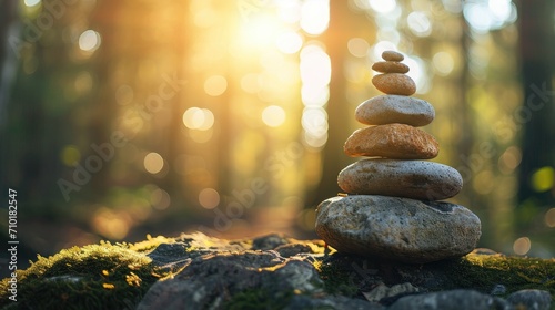 Stacked balance of stones in the forest photo